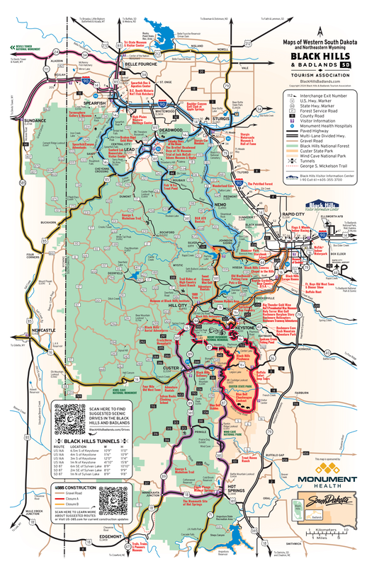 Tourist/Road Map of Attractions in the Black Hills of South Dakota