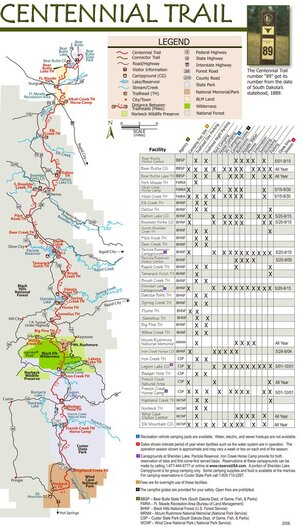 Trailhead Map and Mileage/Amenity Chart for the SD Centennial Trail #89